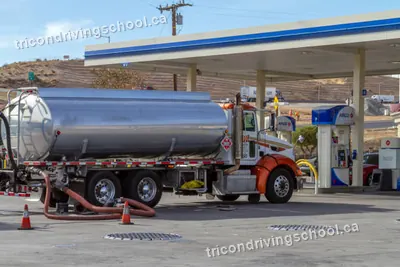 Fuel tank truck delivering to a gas station