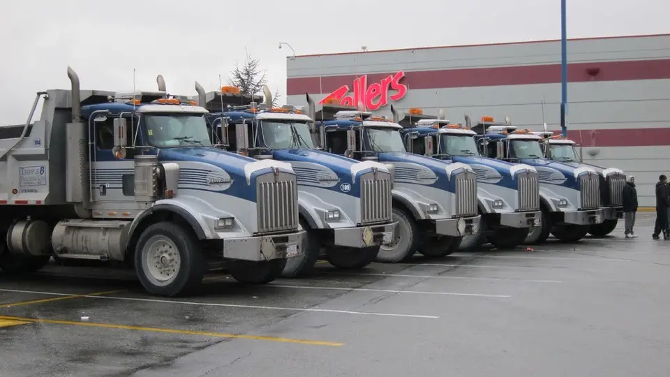A row of tandem-axle dump trucks parked in Burnaby, B.C.