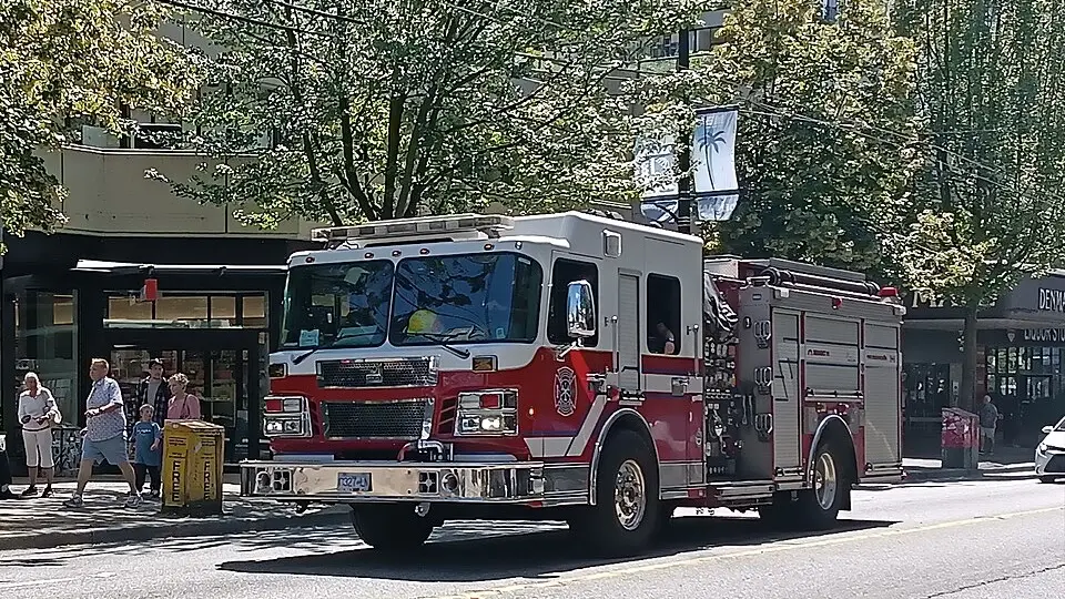 A Vancouver Fire Rescue Services engine on a city street